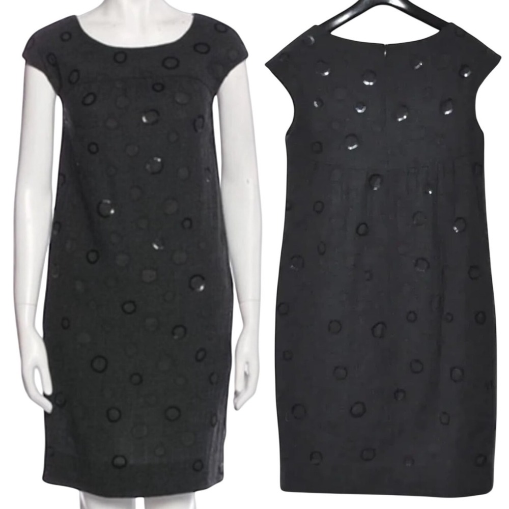 Vince Charcoal Black Wool Cap Sleeve Shift Dress Sequin Polka Dots Pockets Sz 10